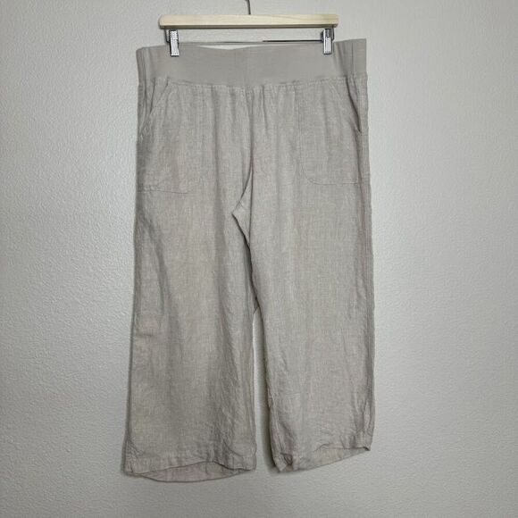 Allen Allen Linen Pants XL Cropped Capri Beige Pull On Wide Leg Casual Beach - Picture 2 of 11